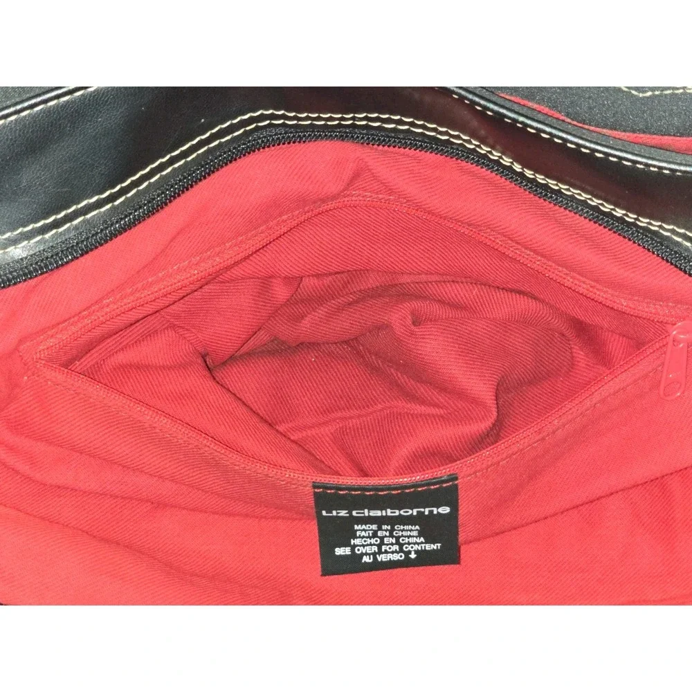 Vintage Liz Claiborne Black Double Strap‎ Red Lining Faux Leather Hand Bag
